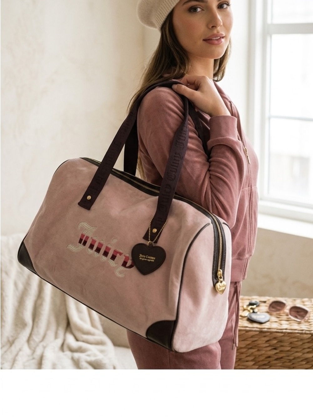 Vintage Juicy Couture Pink Velour Duffle Bag with Black Trim & Heart Charm